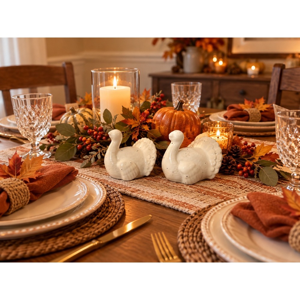 Ceramic Turkey Salt and Pepper Shakers Set White Speckled Thanksgiving Decor